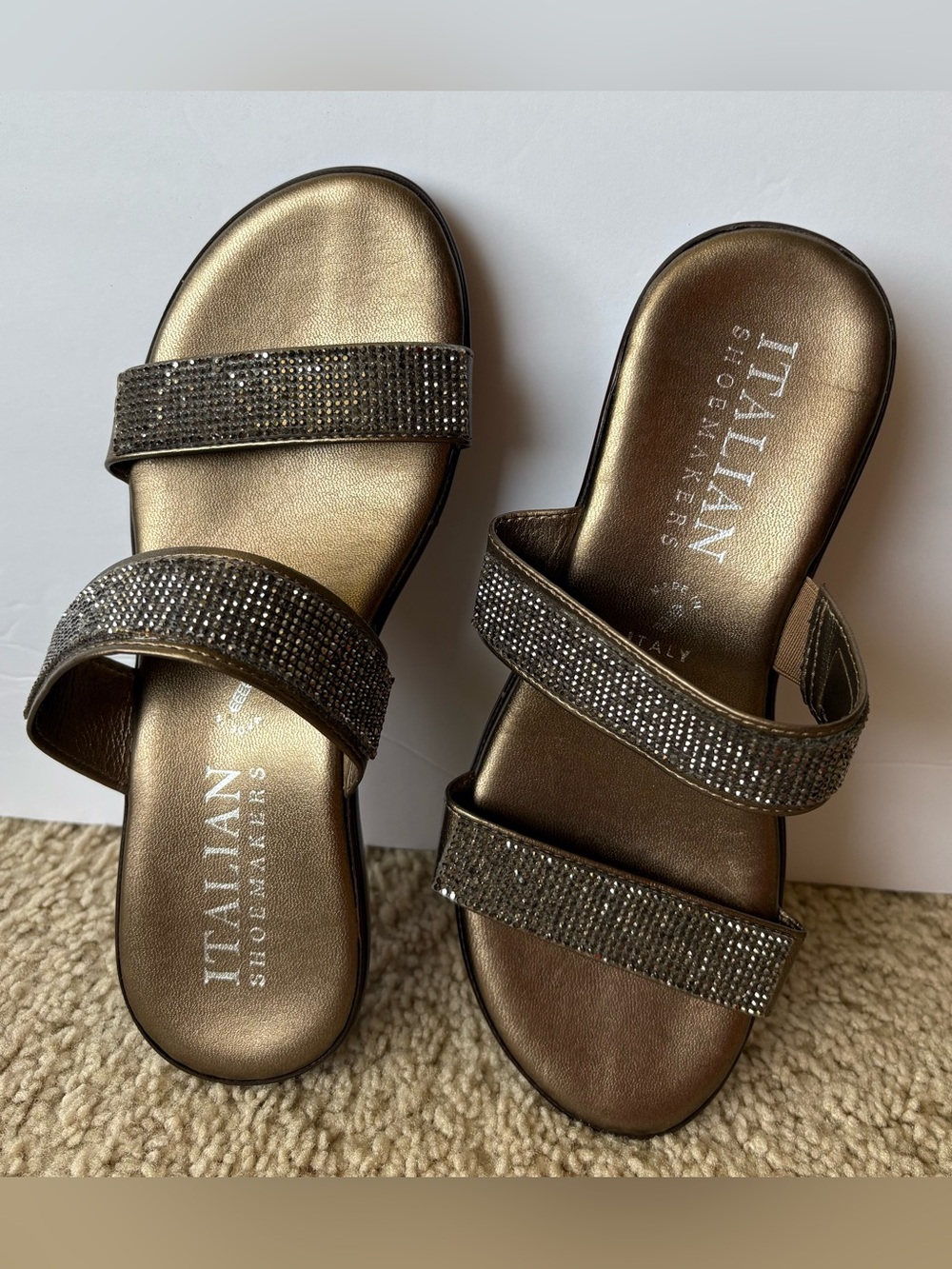 Italian Shoemakers Bronze Metallic Slide Sandals with Sparkle Straps Size 6